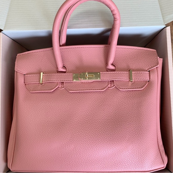 unbranded Handbags - Lock Closure Top Handle Handbag in Pink Faux Leather